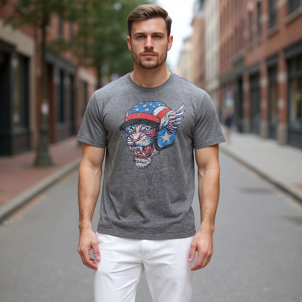Way To Celebrate Patriotic T Shirt Mens Large Gray Tiger Biker Graphic Tee